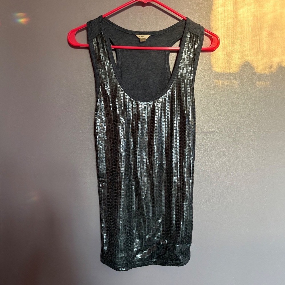 Y2K Fossil Sequined Racerback Tank Top Blue Shimmer Scoop Neck clubbing Small